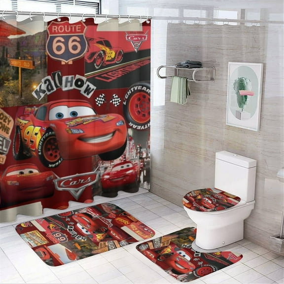 4 Piece Shower Curtain Set with Rugs Lightning McQueen Shower Curtain Bathroom Sets Decor Waterproof