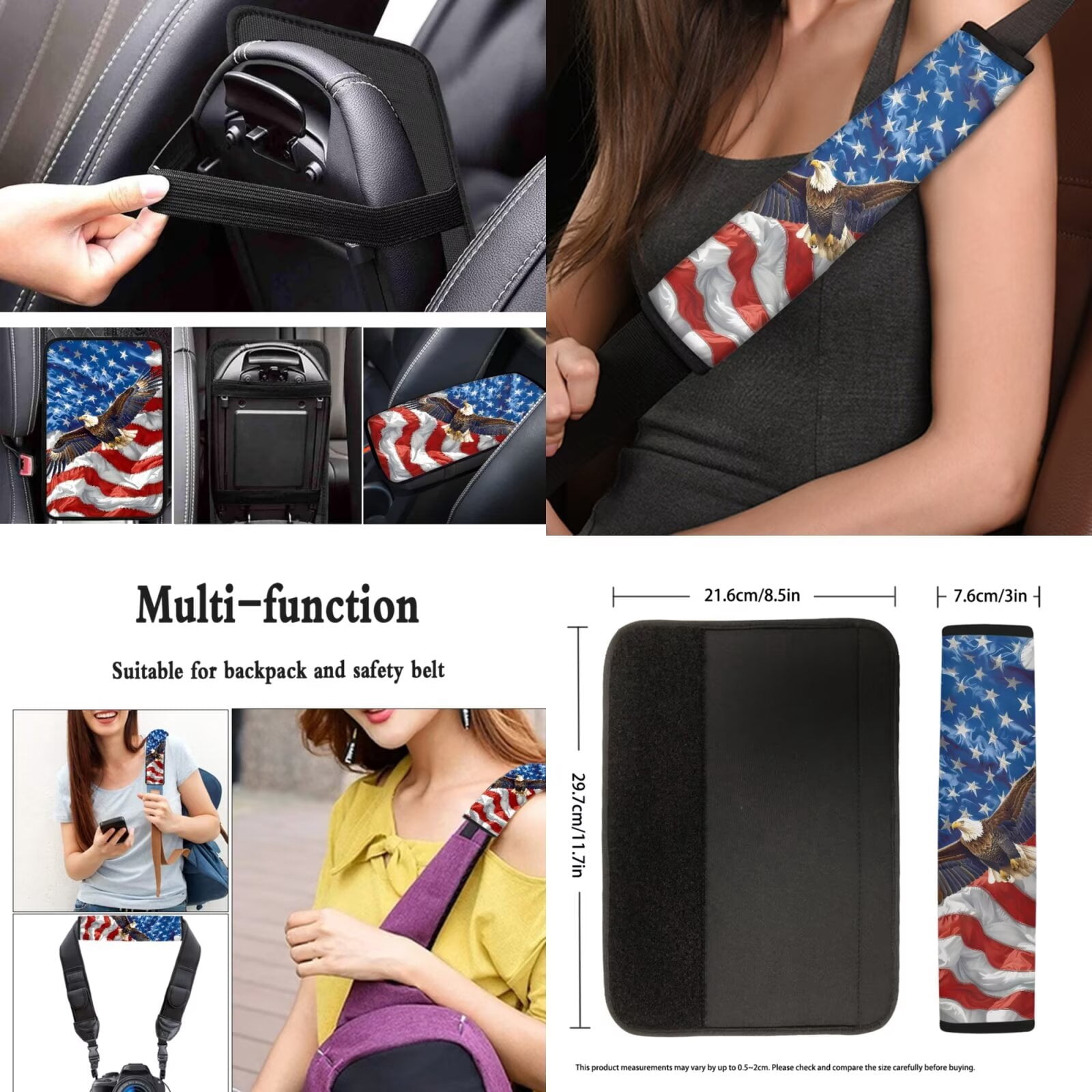 Garronmavis American Flag Eagles 13 Piece Seat Cover Set Universal Car Cover Steering Wheel Cover Armrest Cover Pad Seat Belt Cover Coaster Keychain Lipstick Cover Car Accessories