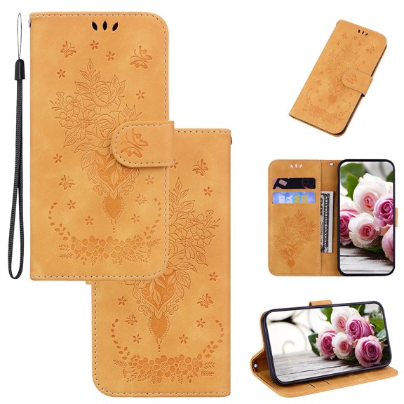 Wallet Case for Samsung Galaxy A32 5G, Butterfly Embossed & Cute Flower Patterned PU Leather Magnetic Clasp Flip Stand Card Slots Kickstand with Hand Strap Shockproof Cover For Samsung Galaxy A3Yellow