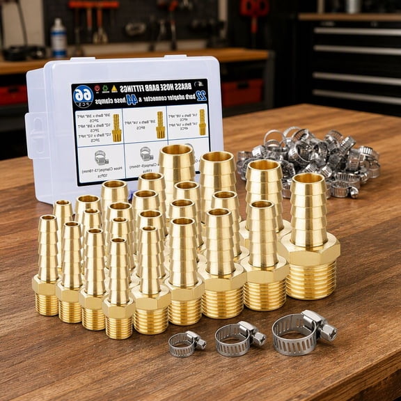 22Pcs Brass Hose Barb Fittings Kit with 44Pcs Hose Clamps, Male Pipe Adapter Set, 1/8" 1/4" 3/8" 1/2" NPT Thread Barbed Connectors