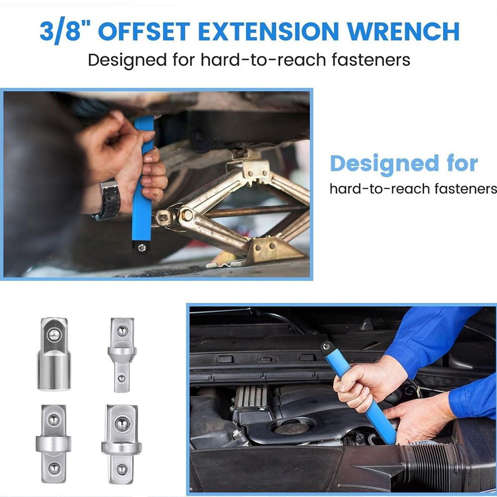 Impact Ready Offset Extension Wrench, Tight Reach Extension Wrench Set, With 1/2", 1/4" And 3/8" Square Drive Adapters, Universal Extensions Wrench For Small Place