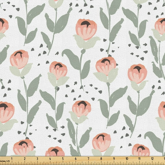 Ambesonne Coral Fabric by the Yard Upholstery, Roses Leaves on Plain Back, 10 Yards, Off White Reseda Green