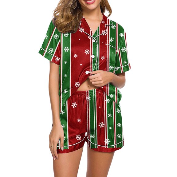 Enjoytime Pajama Sets for Women 2 Piece Christmas Print Short Sleeve Loungewear Set Holiday Casual Comfy Button Down Sleepwear