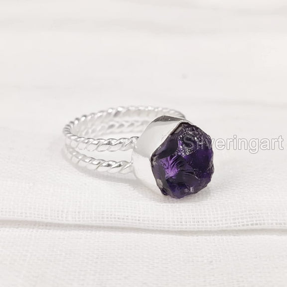 Natural Amethyst Ring, Rough Amethyst Gemstone Ring, Feb Birthstone, Twist Dual Band, 925 Sterling Silver, Womens Ring, Christmas, Thanksgiving, Handmade, Statement Jewelry, Rough Gemstone Jewelry