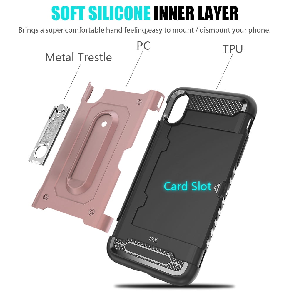 Perfect Fit Hybrid Case for iPhone X Heavy Duty with Built-In Stand and Card Holder