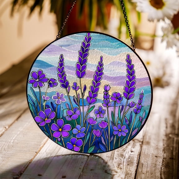 Lavender Flower Glass Suncatcher, Purple Wildflower Window Hanging, Nature Inspired Memorial Gift, Floral Home Decor for Garden Lovers, 2D Printed, 1-sided Sun Catcher