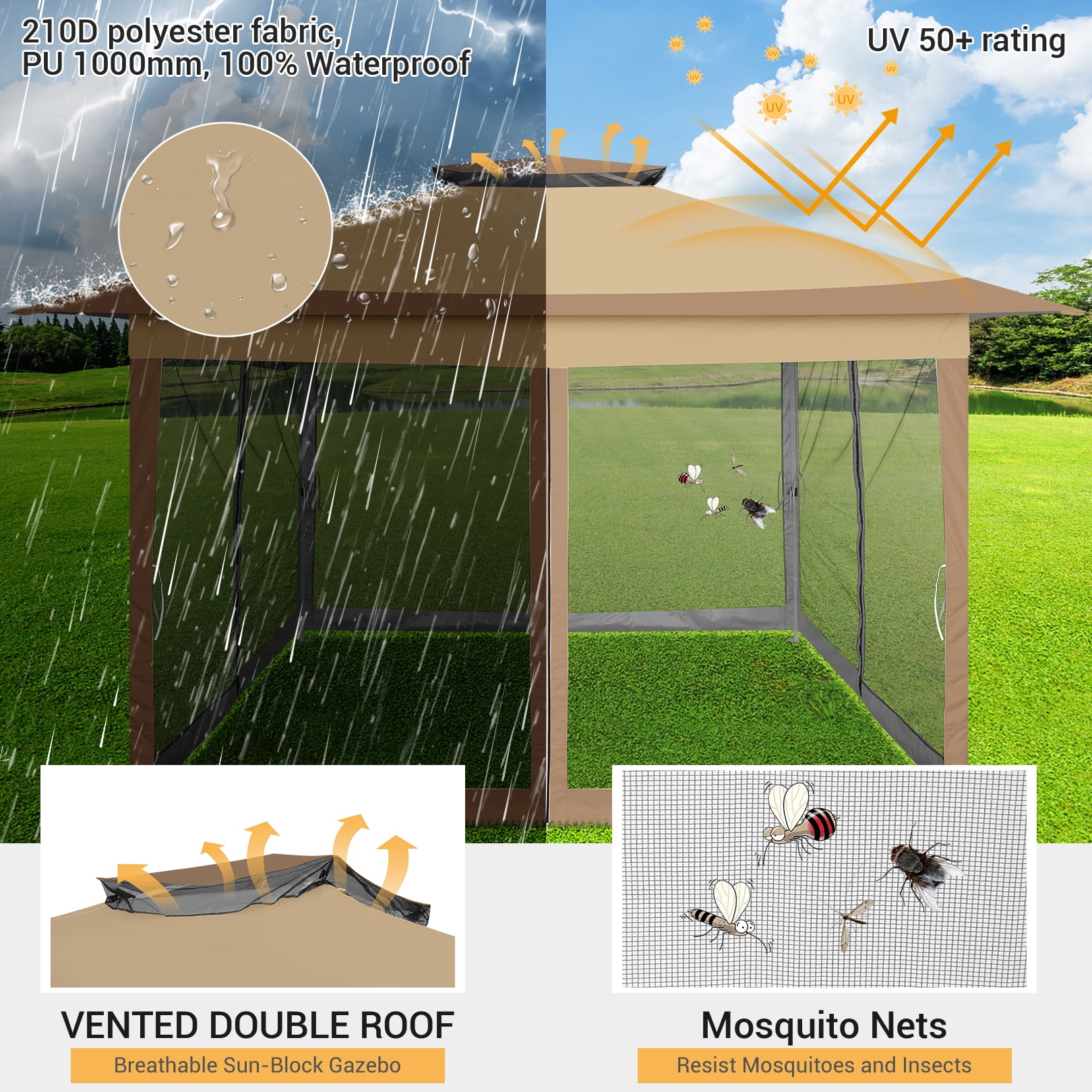 HOTEEL 12' x 12' Outdoor Pop-Up Gazebo Canopy with Mosquito Netting, 2-Tiered Vented Top, 3 Adjustable Heights for Backyard, Garden, Lawn, Brown