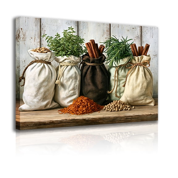 Spices and herbs wall art decoration canvas frame, farmhouse spice bag still life poster, suitable for kitchens and dining rooms, home décor