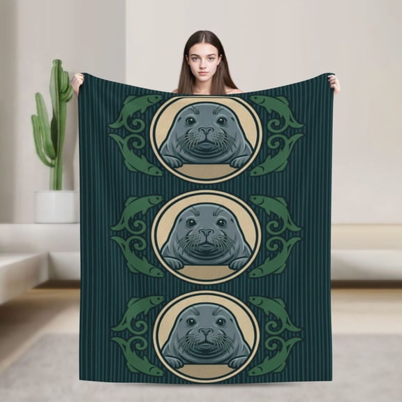 Seal Throw Blanket, Lightweight Warm Aquatic Animal Bedding Blanket for Couch, Coastal Style Theme 50x40