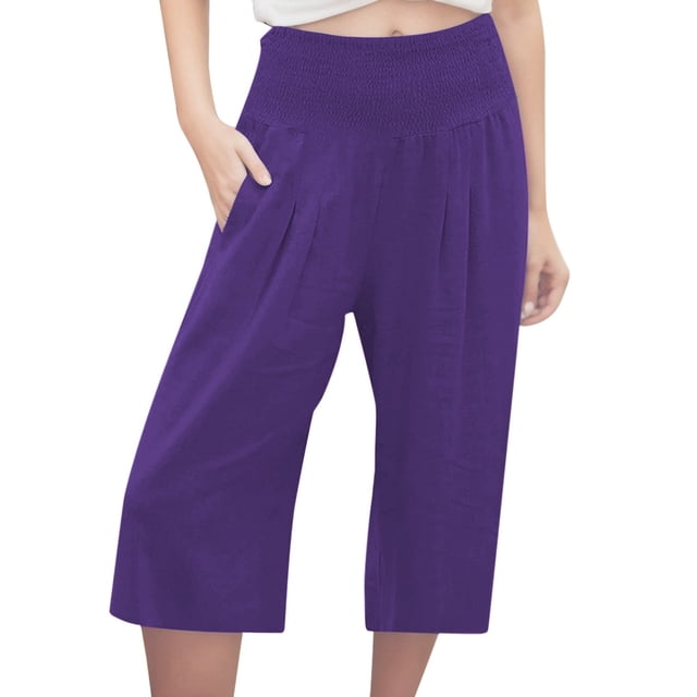 Pantalones capri casuales con cintura elástica y efecto lino para mujer - Pantalones deportivos de color liso con tejido crepé lavado para un uso diario cómodo