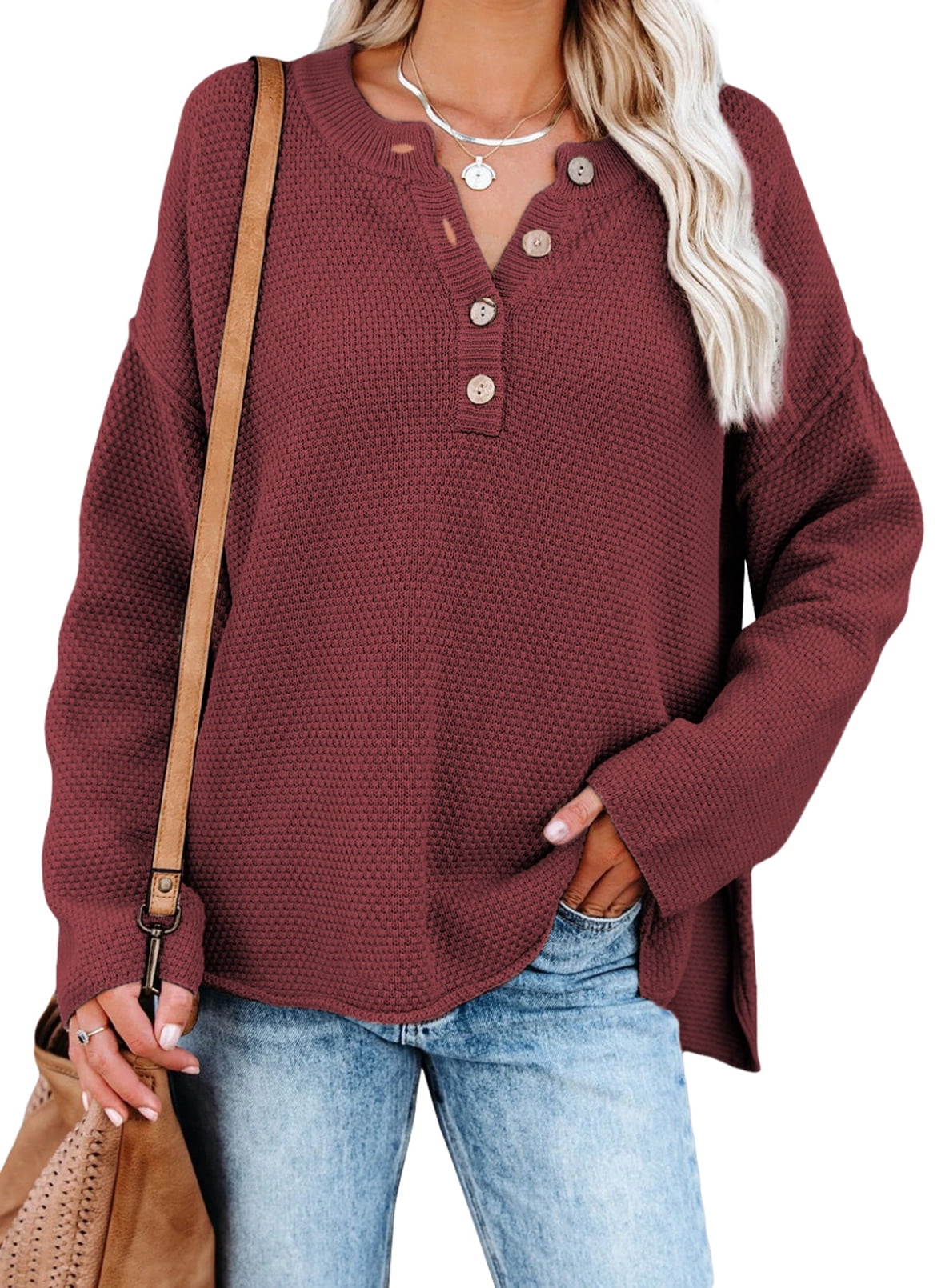 Aleumdr Womens Wine Red Sweaters Henley Neck Long Sleeve Waffle Knit Loose  Fit Pullover Tops S - Walmart.com