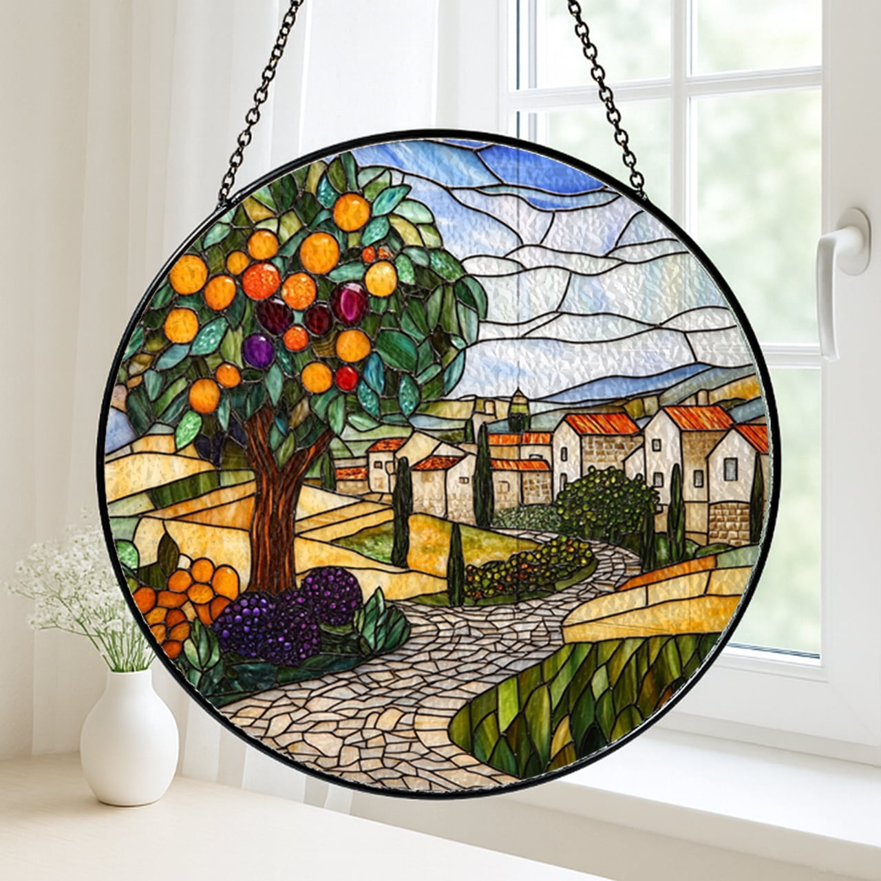 Village Landscape Window Panel, Faux Stained Glass Fruit Tree Design for Country Inspired Decor