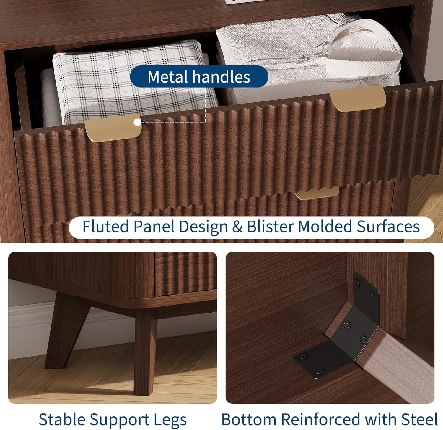 Garvee Farmhouse Nightstand for Living Room, 32" x 15.7" x 32", with 3 Drawers, Walnut Color