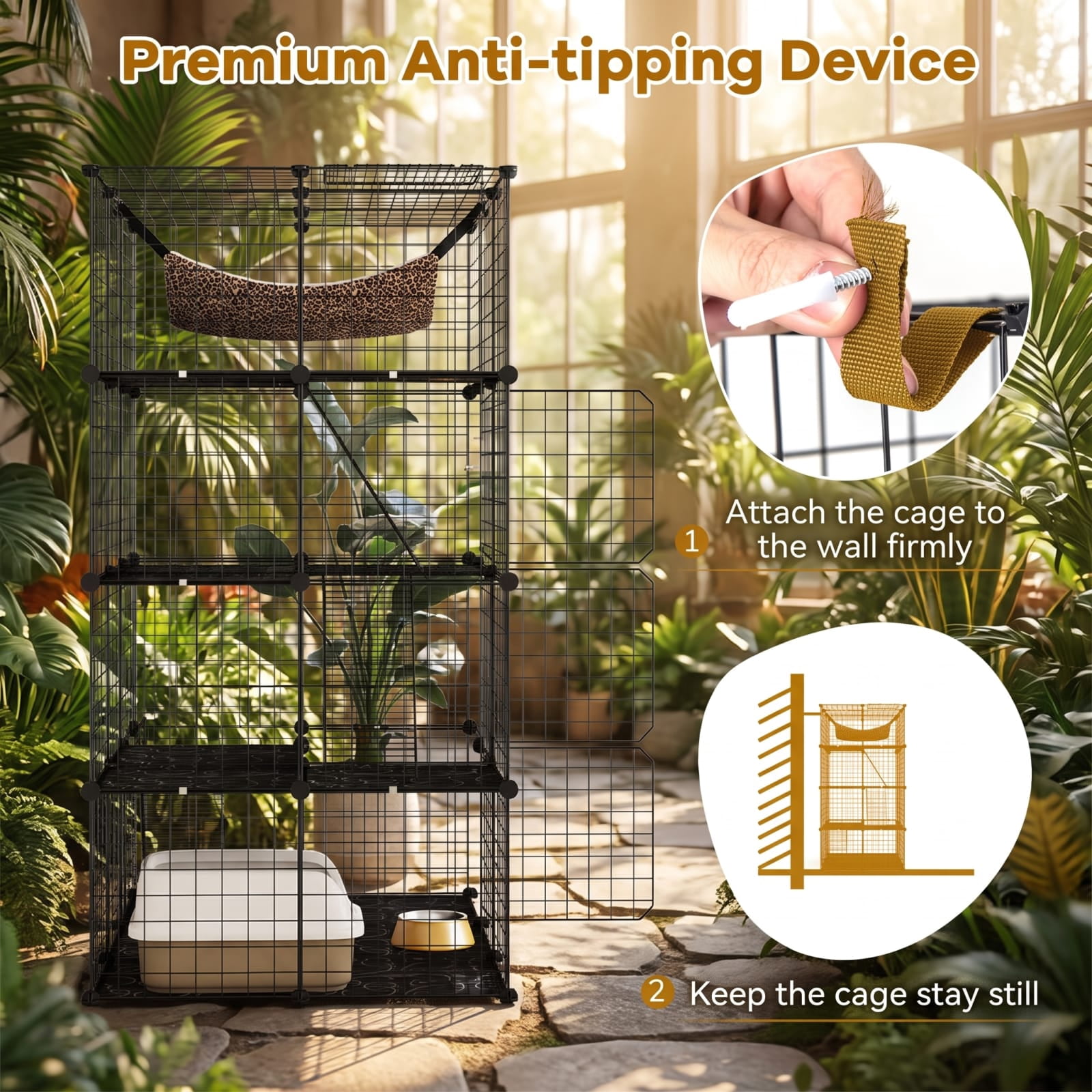 Vebreda Large 4-Tier Cat Cage with Skylight and Hammock for 1-4 Cats, Metal Wire Pet Playpen with Ladders, Lockable Doors and Anti-Tip Kit, Black
