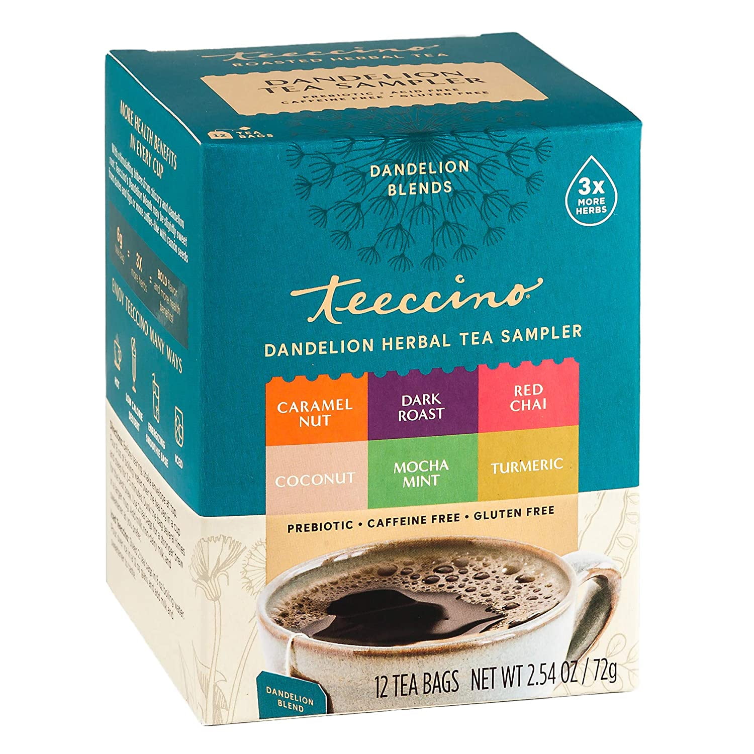 Teeccino Dandelion Roasted Herbal Tea Sampler, Tea Bags, 12ct box