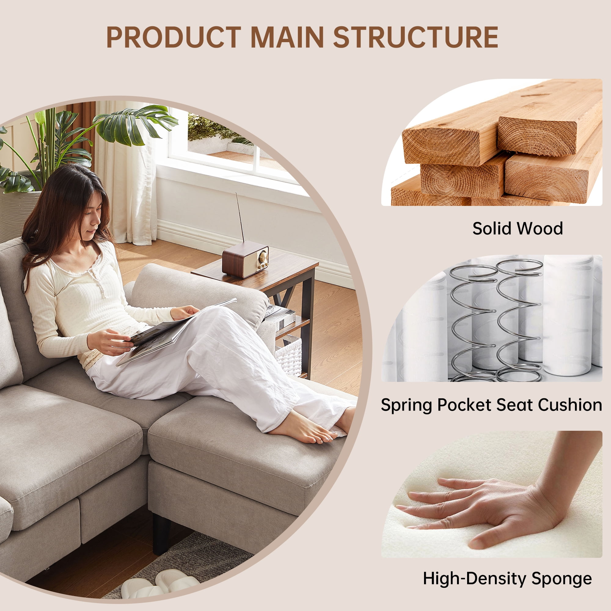 Pingliang Home 80" Sectional Sofa Couch,L Shaped 3 Seat with Reversible Storage Ottoman and Side Pockets, Modern Polyester Fabric Sofa Couches for Living Room Apartment Office Studio Small Space