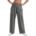 thumbnail image 6 of Women's Smocked Waist Pants Fashion Casual Solid Color Pants Pocket Elastic Waist Comfortable Fold Long Pants, 6 of 8