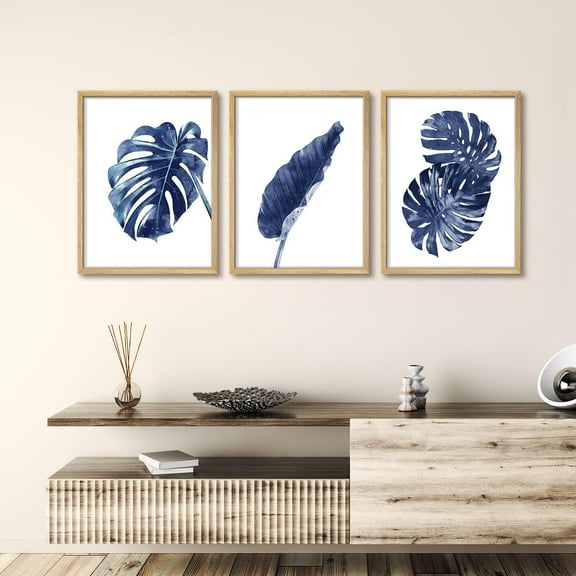 PixonSign Framed Wall Art Navy Blue Plam Leaves Posters, Set of 3 Nature Wilderness Tropital Botanical Illustrations Wall Decor, Adhesive Canvas Prints for Home Decor - 8"x10" Natural