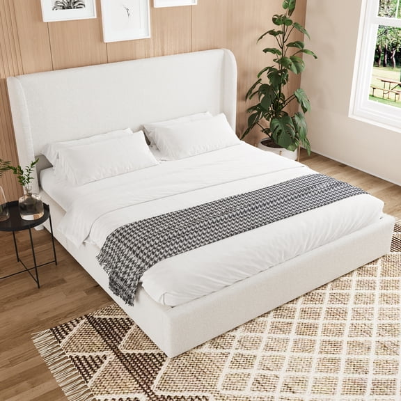 Noble House Marcus King Boucle Bed Frame with Wingback Headboard, Upholstered Cloud Bed with Metal Slats, White