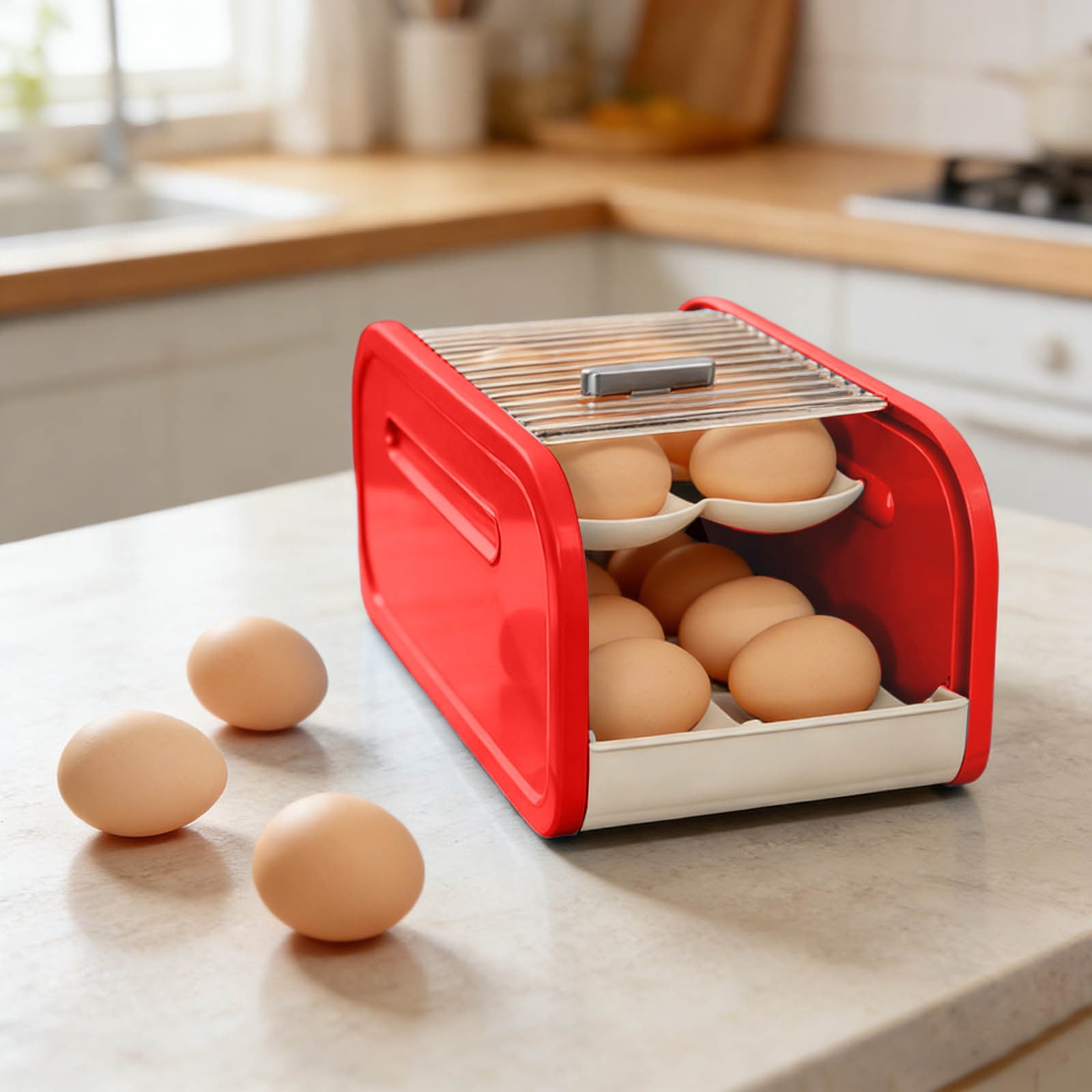 Refrigerator Egg Storage Rack Organizer - Automatic Rolling Rotating Egg Holder, Space Saving Expandable Kitchen Fridge Shelf for Eggs & Food Containers