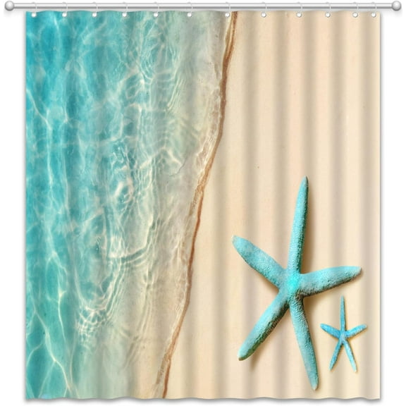 Beach Shower Curtain Teal Starfish Ocean Coastal Tropical Sea Hawaii Summer Seaside Nature Landscape Marine Life Bath Curtain with Plastic hookss