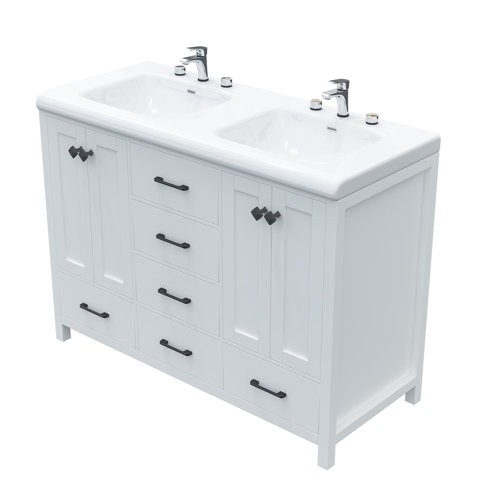 Jarbalai 47" Freestanding Bathroom Vanity with Double Ceramic Basin and 5 Drawers and 2 Cabinets, White