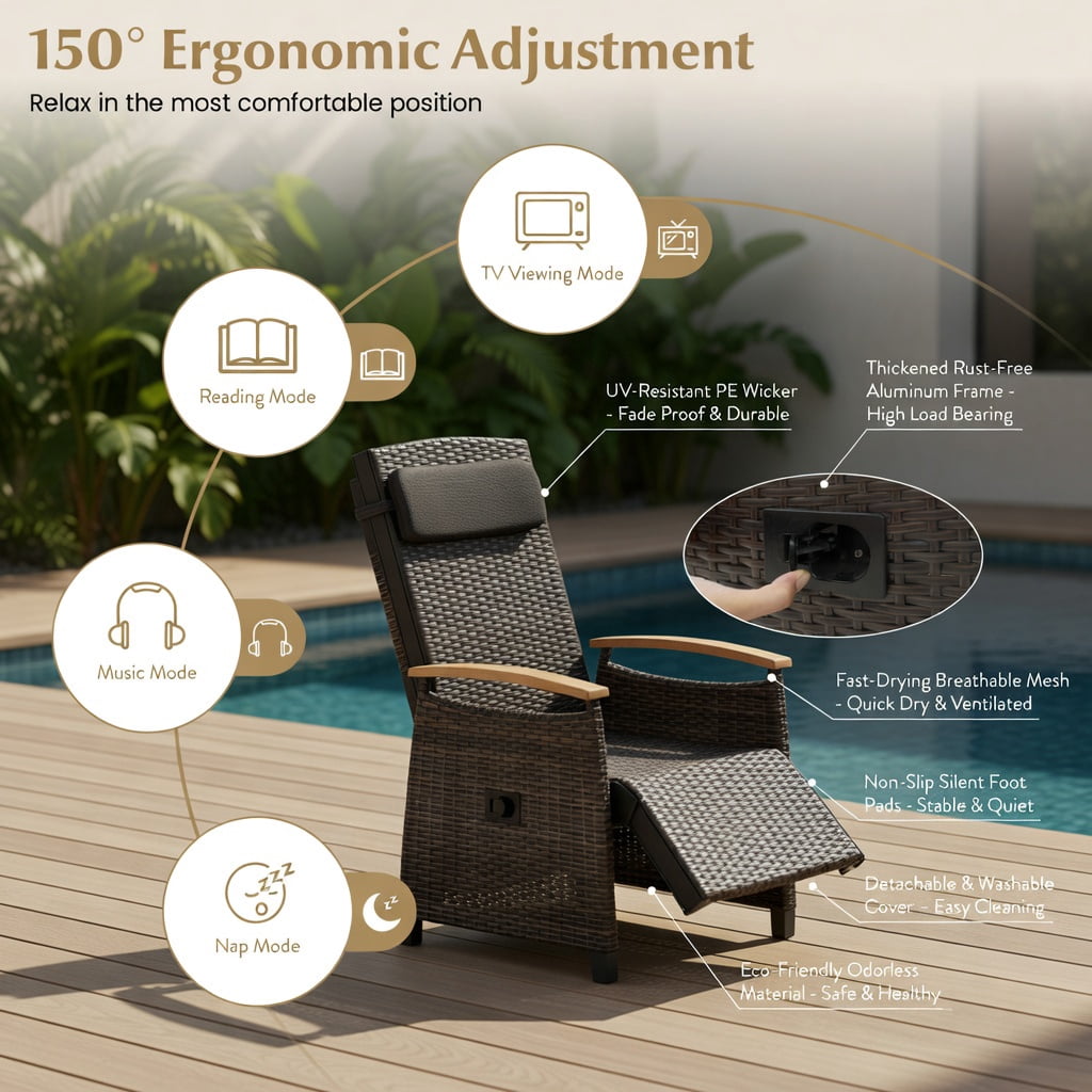Hommoo Adjustable Outdoor Wicker Recliner Chair with Footrest & Removable Cushions, PE Rattan, Acacia Wood Frame, Black