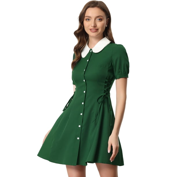 Vestido Con Botones Y Cordones Con Cuello Peter Pan En Contraste Vintage Para Mujer Verde M
