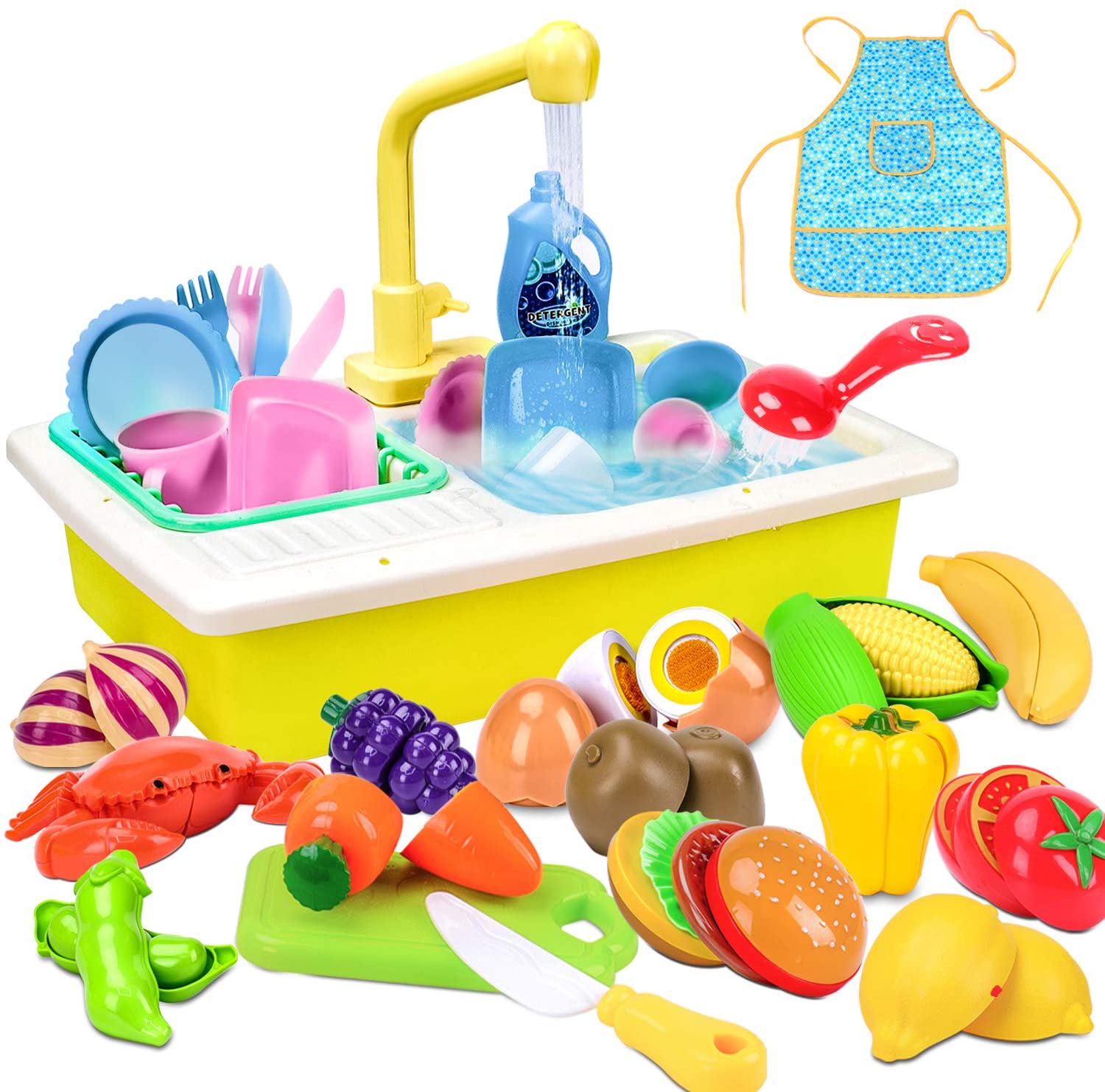 Kids Kitchen Playset Sink Toys with Play Food Accessories, Color