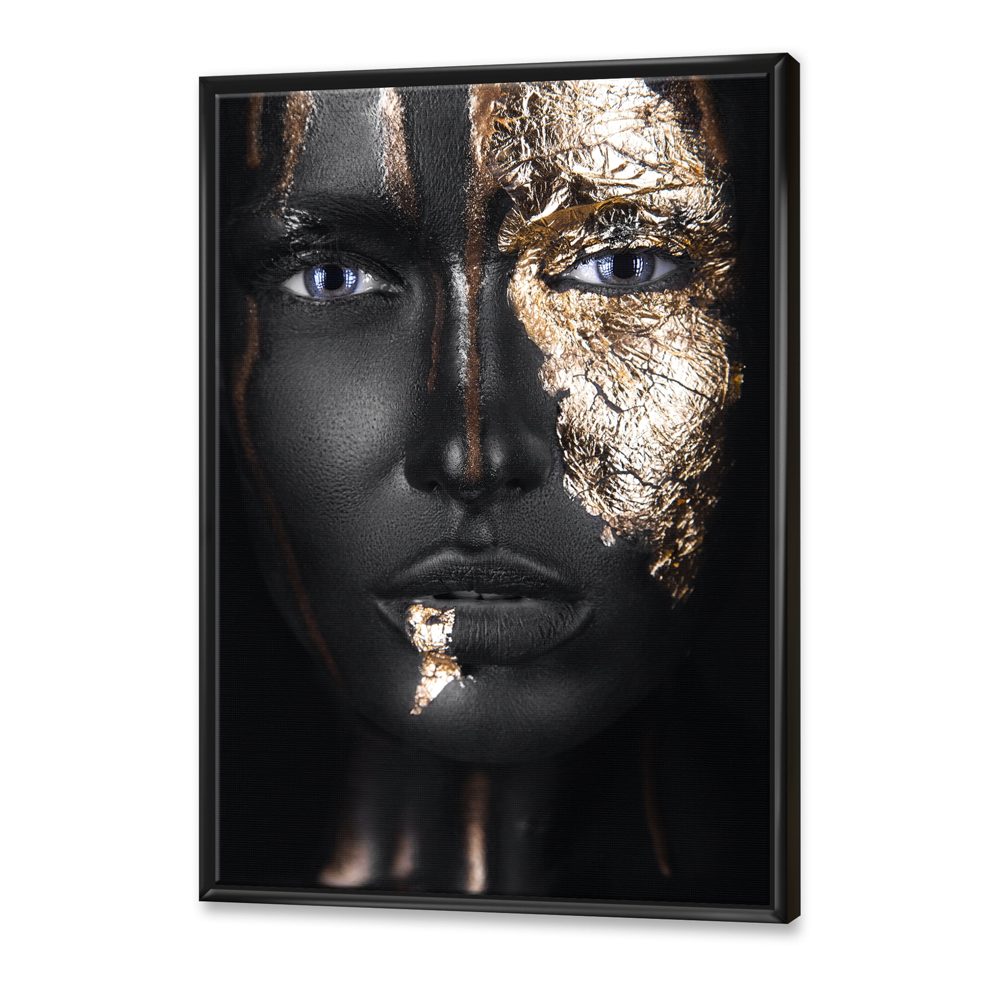 Designart 'Portrait of A African American Girl with Gold Makeup' Modern Framed Canvas Wall Art Print