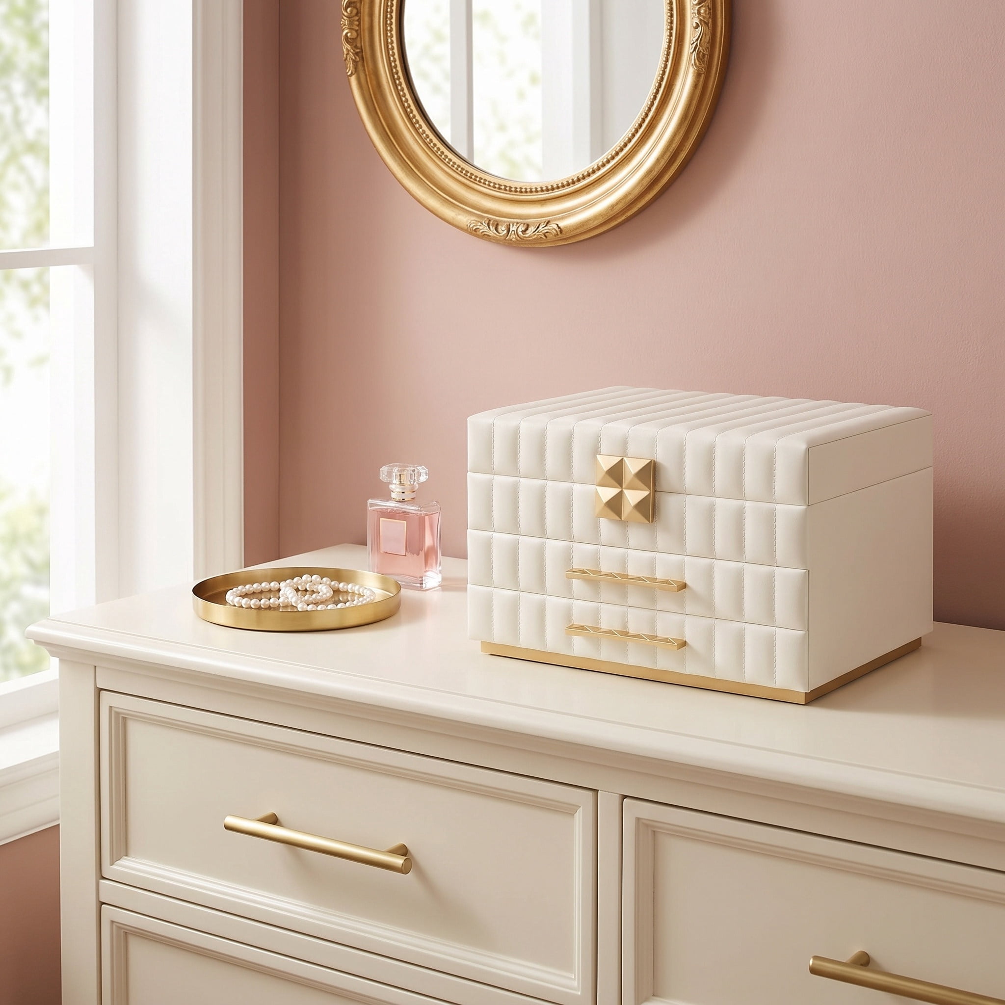 Nordic Hygge 3-Tier Jewelry Box with Mirror, Faux Leather Jewelry Organizer with 2 Drawers and Floating Effect Design, 8.5 x 9.4 x 6.2 Inches, Cloud White