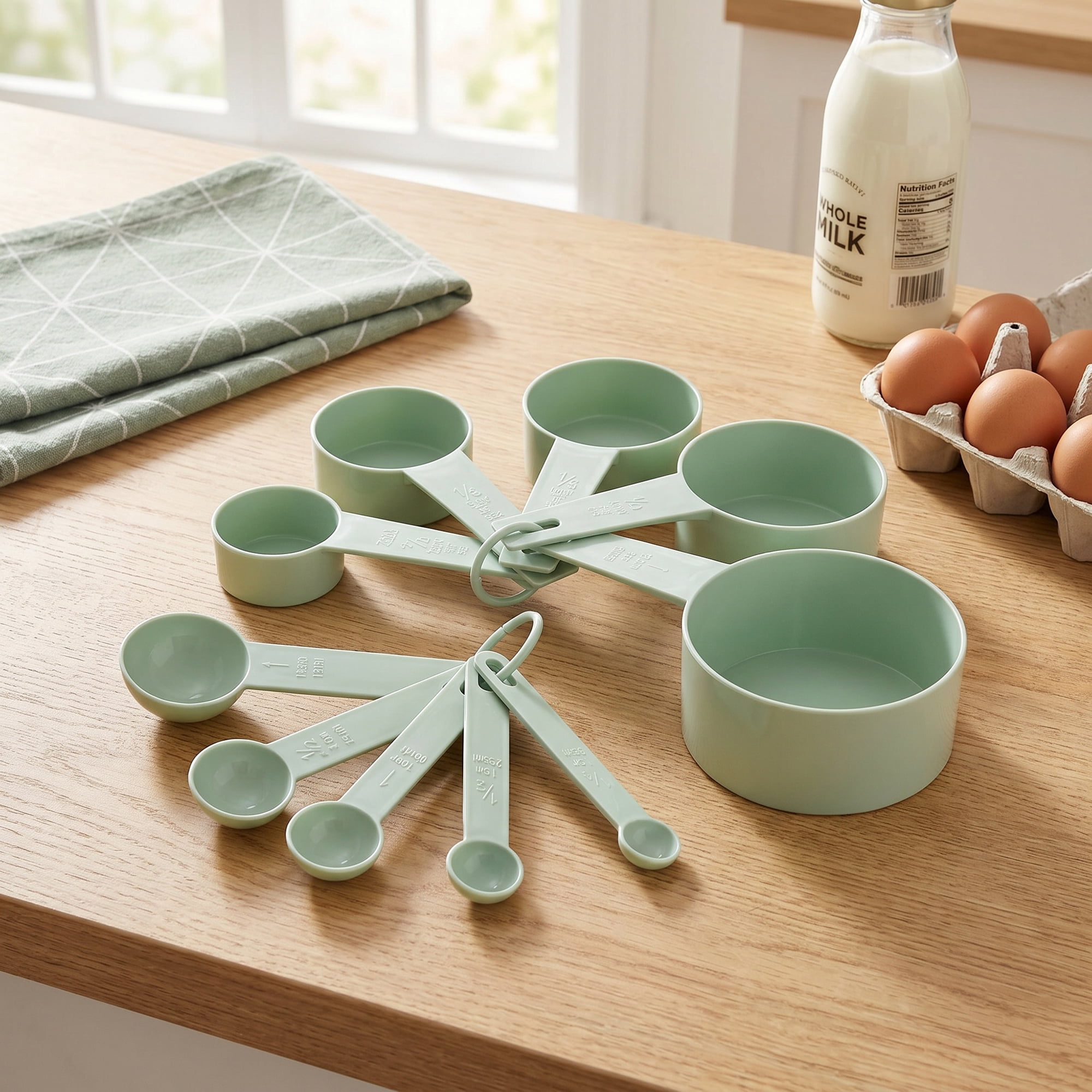Unique Bargains Plastic Measuring Cups Spoons Set with Clear Markings Light Green 10Pcs