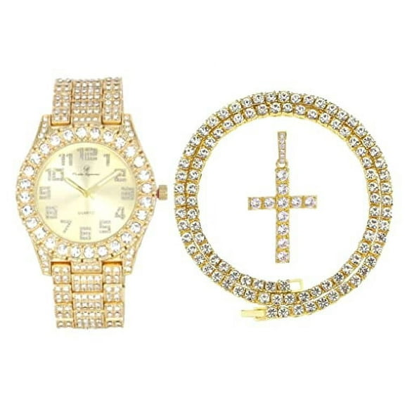 Charles Raymond Luxury Mens Iced Out Tennis Cross Necklace w/Diamond Quartz Wristwatch - Be Lit & Choose The Matching Blinged Out Cuban ZZ Bracelet Set - ST10327AR Gold Shiny Dial 2pc Set (24")