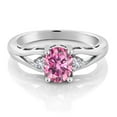 thumbnail image 2 of Gem Stone King 925 Sterling Silver Pink Moissanite and White Created Sapphire 3 Stone Engagement Ring for Women | 1.46 Cttw | Oval 8X6MM | Round 2MM | Gemstone Birthstone | Size 9, 2 of 4