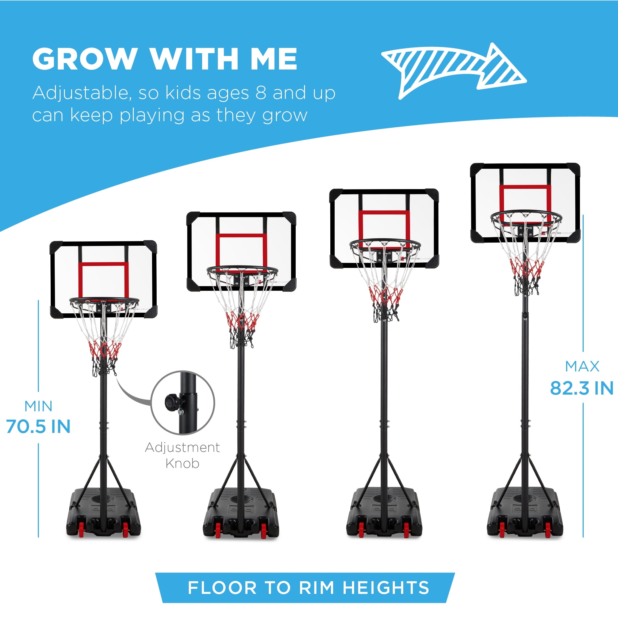 Best Choice Products Kids Height-Adjustable Basketball Hoop, Portable Game w/ 2 Wheels, Square Backboard - Red/Black