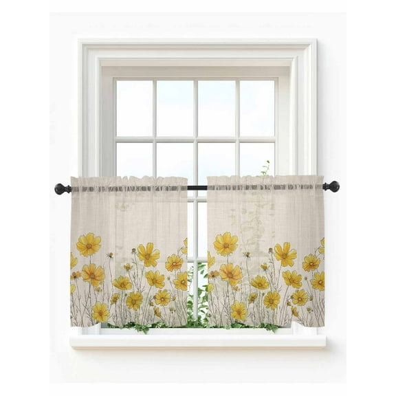 Yellow Spring Floral Tier Curtains 36 Inch Length,Sheer Curtains for Bedroom Living Room Window Summer Botanical Rustic Daisy Rod Pocket Drapes Kitchen Curtains Small Half Window 27.5"x36" 2 Panels