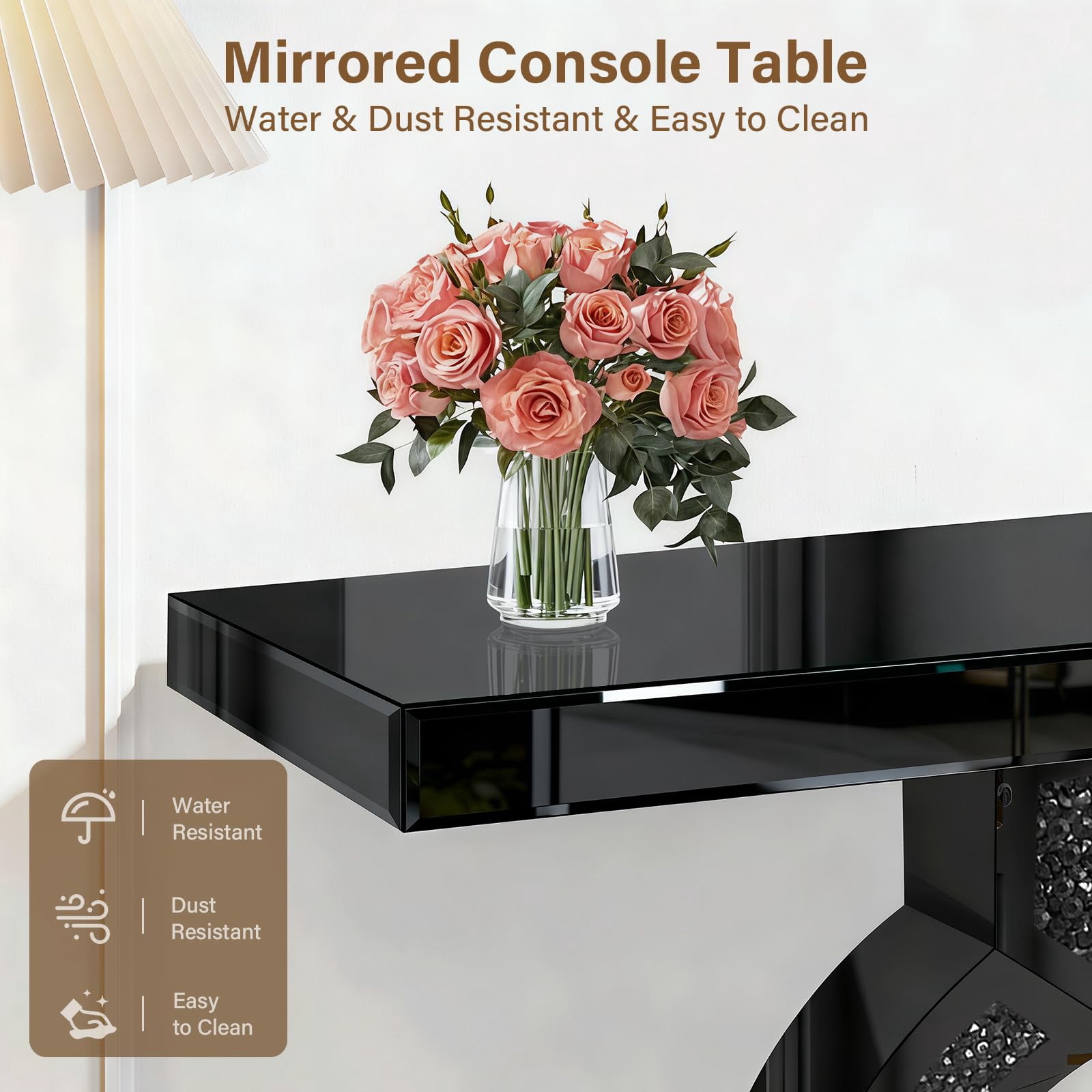 Black Mirrored Console Table with Crushed Diamond Inlay, 39.4'' Long Entryway Sofa Table, O-Shaped Base Modern Accent Narrow Table for Living Room, Hallway, Foyer, Entrance