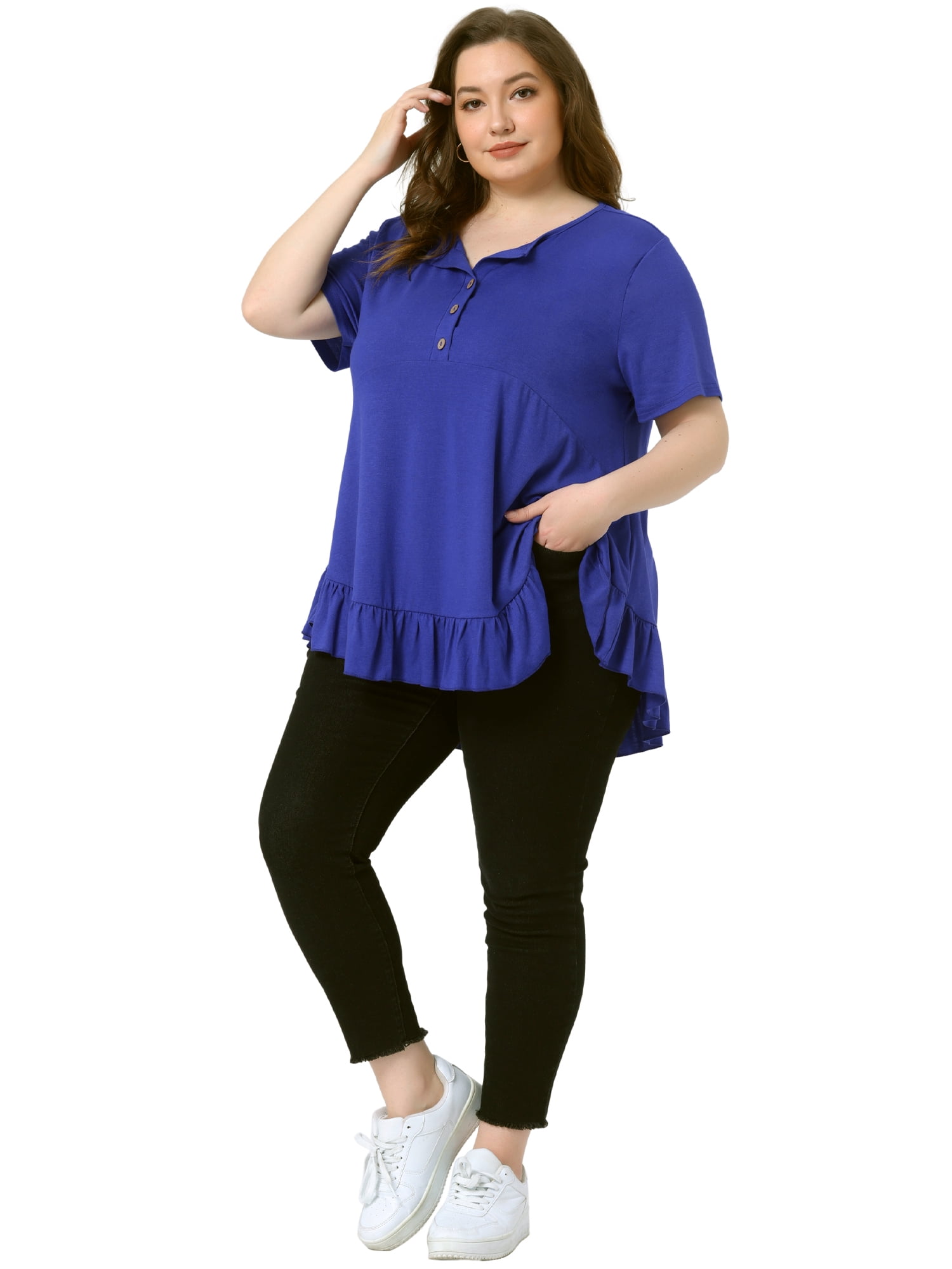 Women's Plus T Shirts Henley V Neck Button Up Short Sleeve Ruffled Hem Blouses Tops 1X Royal Blue