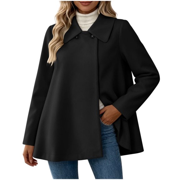 EANJE Women's Short Fleece Blend Coat, Collared Long Sleeve Relaxed Fit Jacket, Solid Color Casual Outerwear for Autumn Winter Shopping Black M