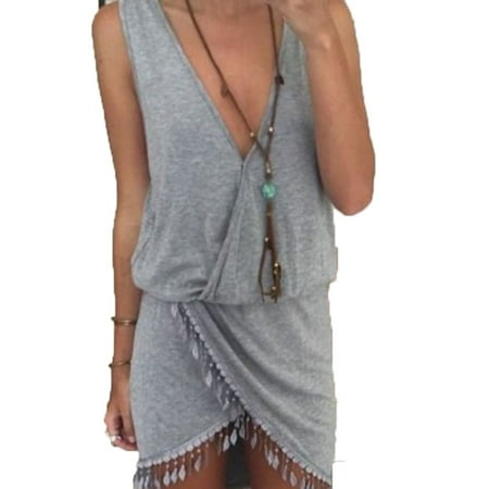 Summer Tassel - Women Summer Casual Sleeveless Tassel Evening Party Beach Dress Short Mini Dress