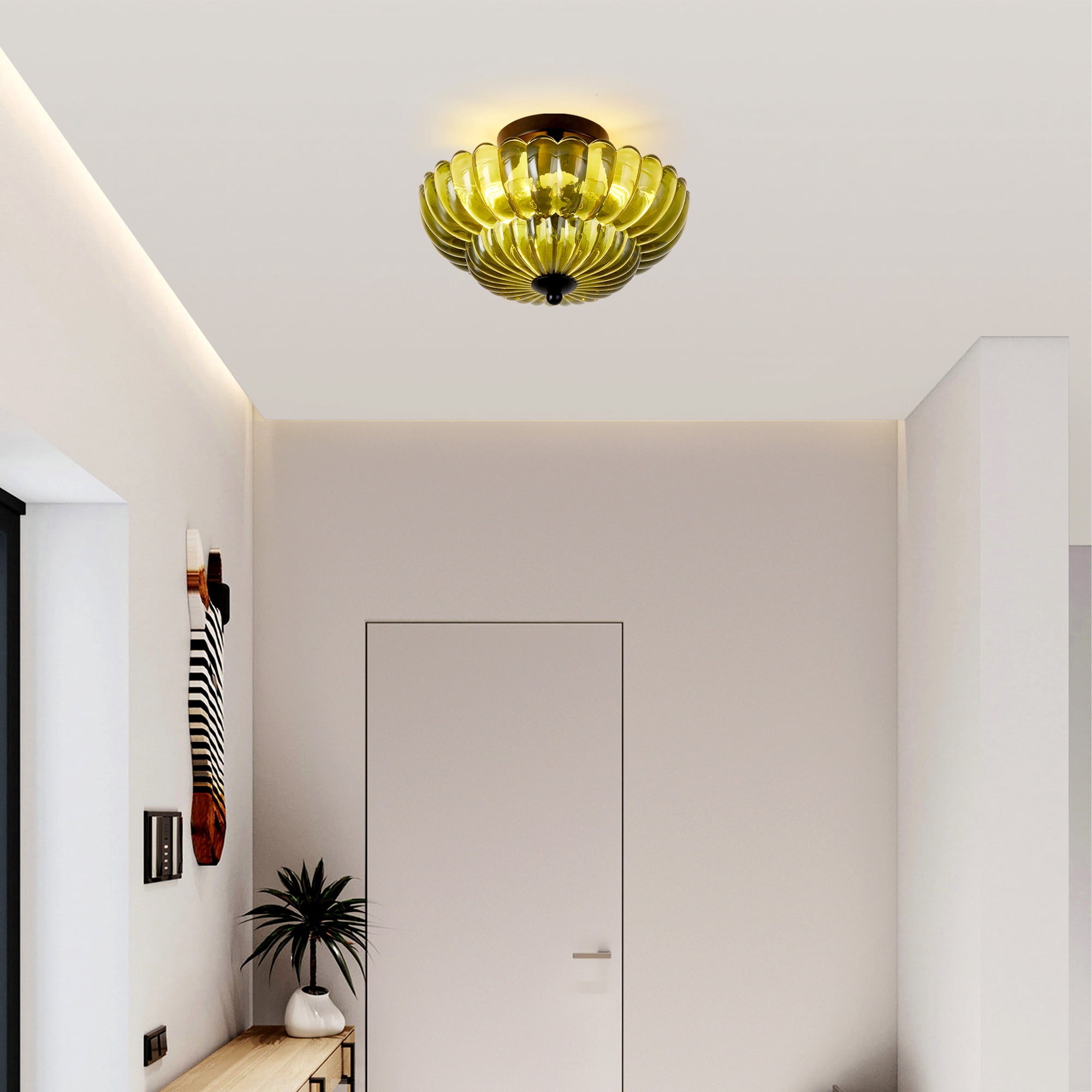 Leumius Semi Flush Mount Ceiling Light, Green Glass Ceiling Light Fixture, 3-Bulb Modern Black Close to Ceiling Light, Vintage Glass Ceiling Lights for Bedroom Kitchen Living Room, Bulb Not Included