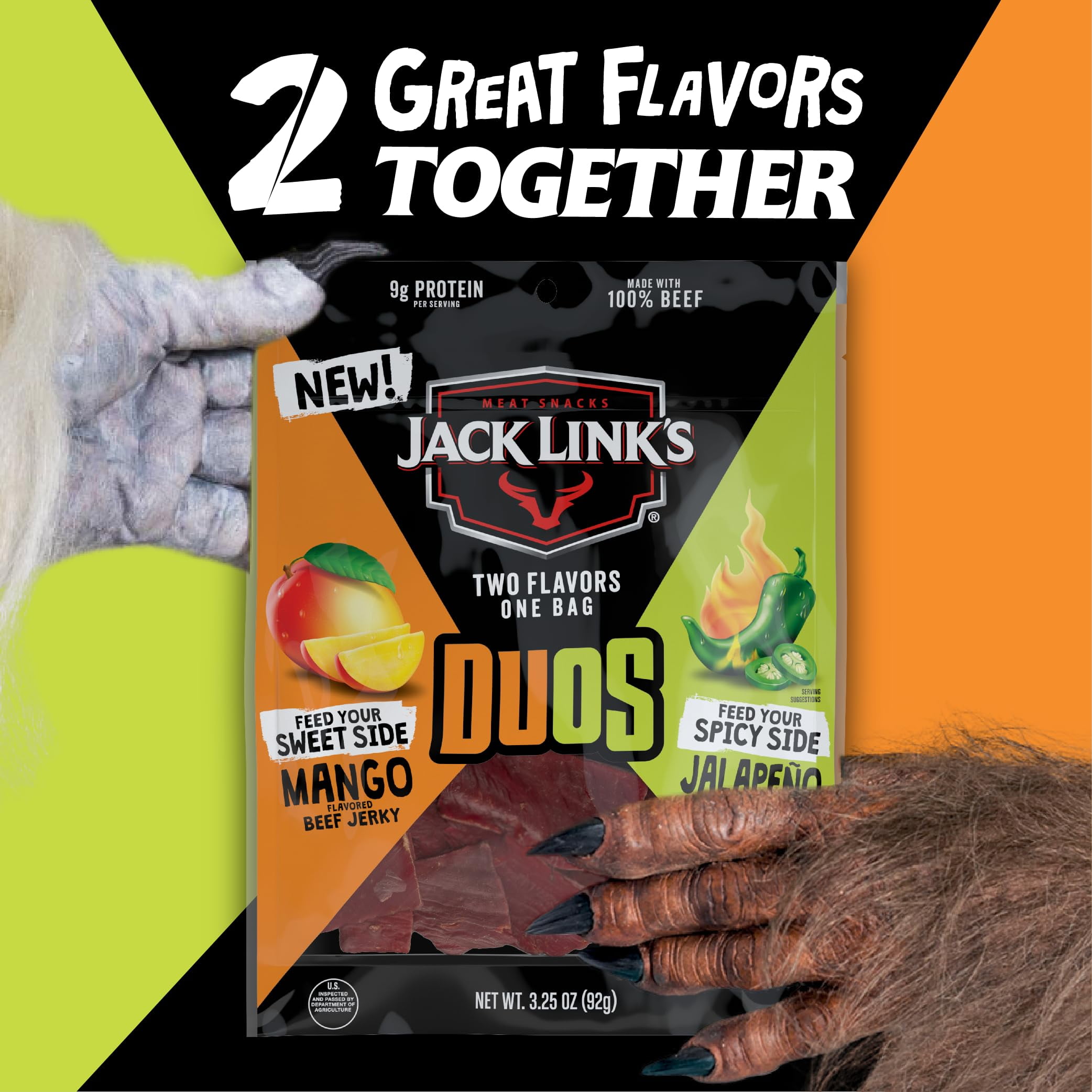 Jack Link's DUOs Jalapeño and Mango Beef MDH1Jerky, Shareable Under 100 Calories Snack Packs with 9g of Protein, Feed Your Beast Side With Individual Bags of Meat Snacks - 3.25oz (4 Count)