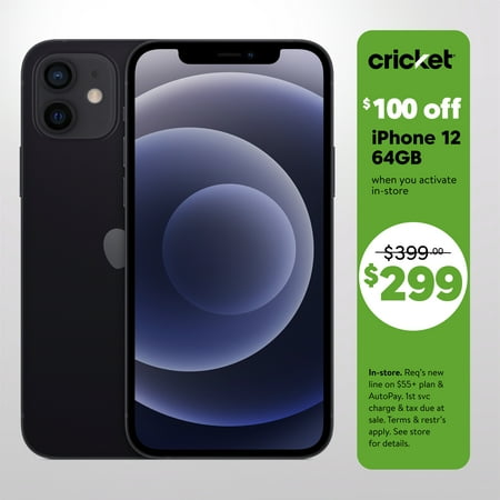 Cricket Wireless Apple iPhone 12  64GB  4GB RAM  12MP FF Camera  Black - Prepaid Smartphone