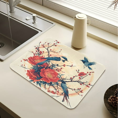 

Wobogo Blue Magpie Dish Drying Mats Diatomaceous Earth Super Absorbent Non-slip Rubber Sole 23.6×19.7in