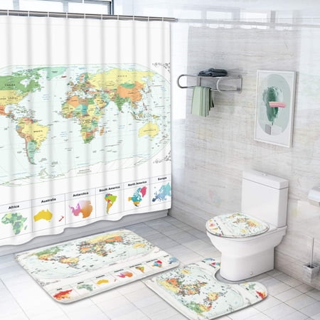 Set of 4 world map shower curtains with non-slip mat, , bath mat, world ...