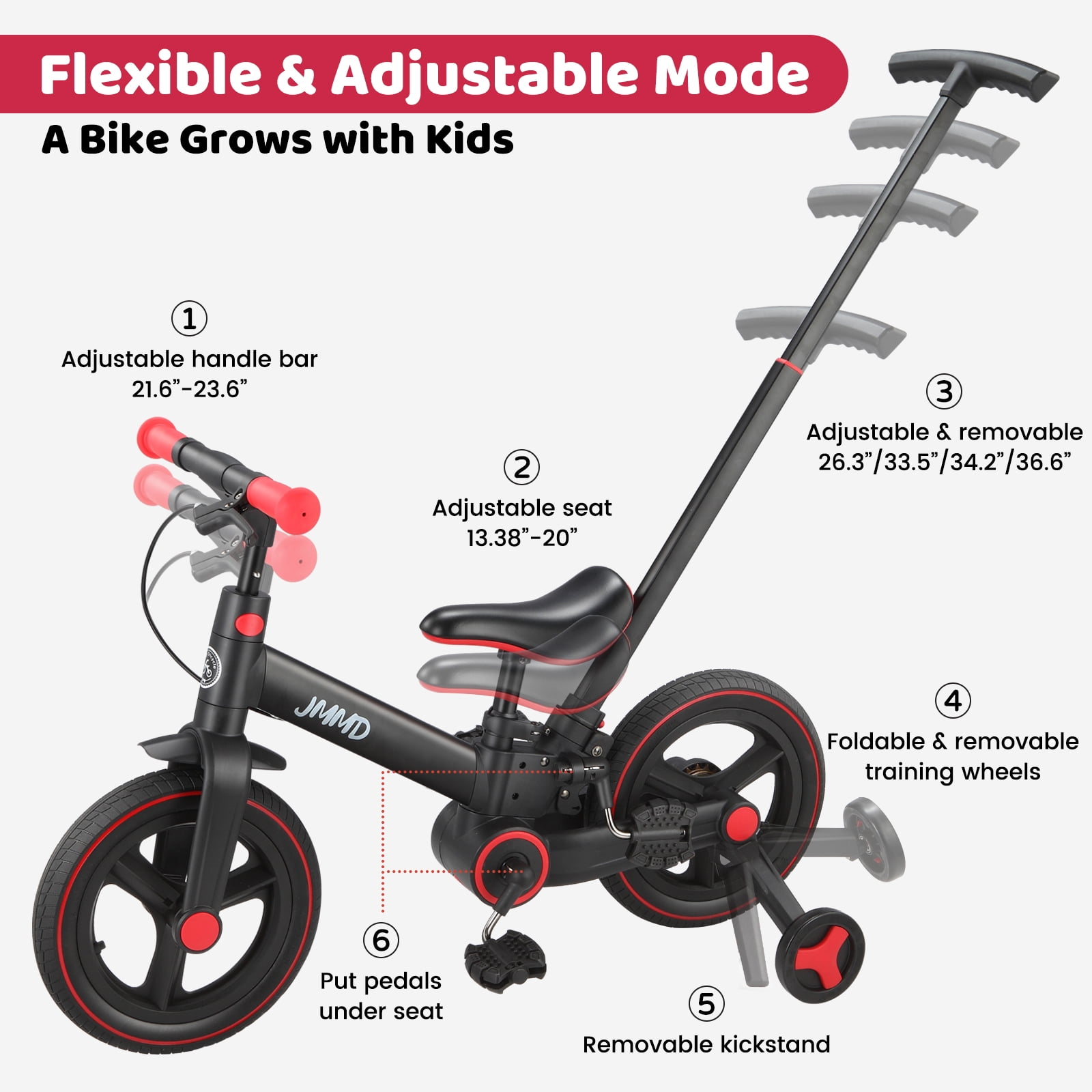 JMMD Toddler Bike with Push Handle for Kid 18-60 Months, 6 in 1 Foldable Tricycle with Training Wheel, Pedals, Kid Balance Bike for Boy & Girl, Black