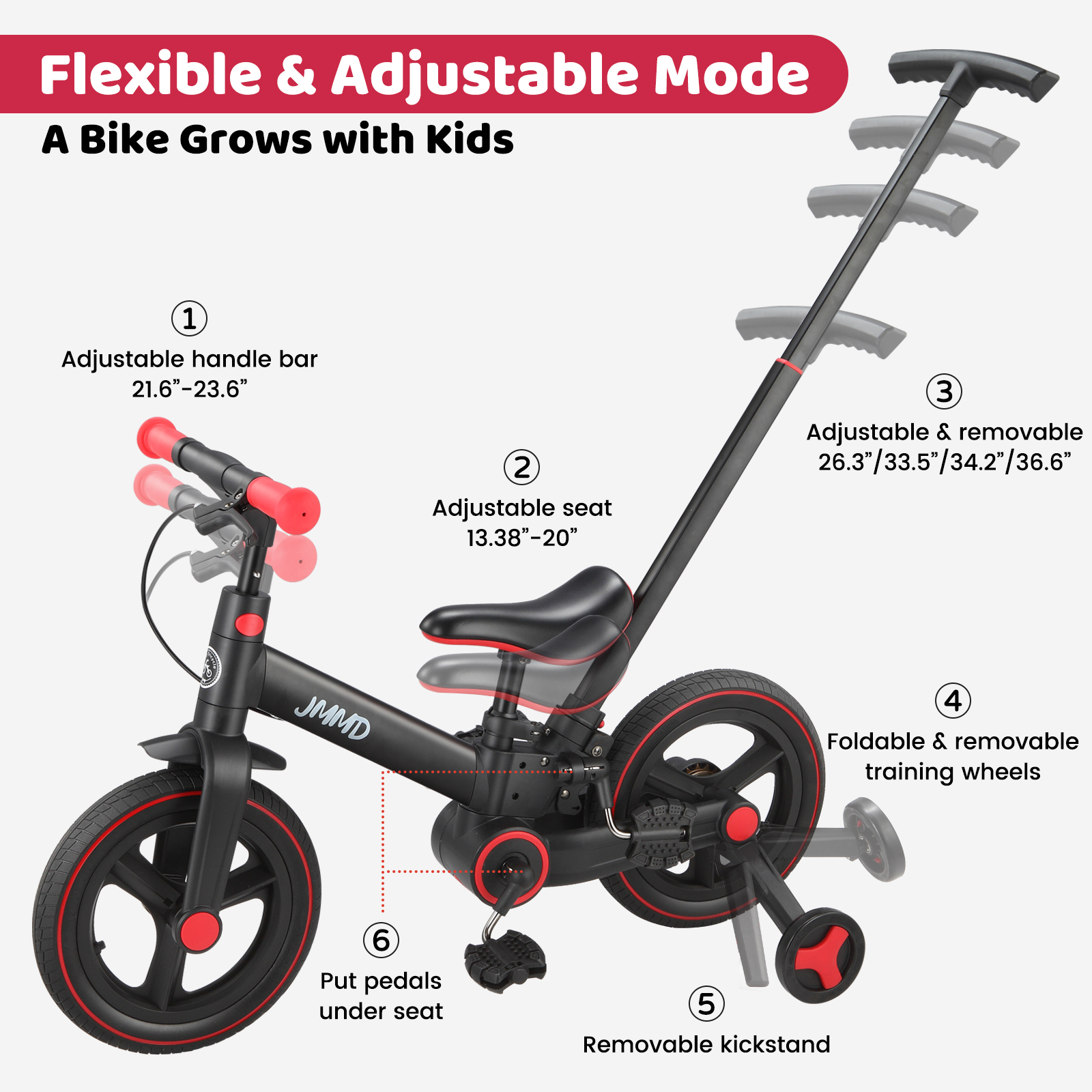 JMMD 6-in-1 Toddler Bike with Push Handle, Foldable photo 3