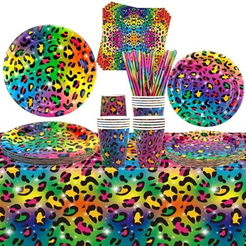 Rainbow Cheetah Party Supplies - Rainbow Leopard Party Tableware - Dinner Plates Desserts Plates Cups Napkins Tablecover Straws for Kids Birthday Baby Shower Picnics Supplies, Serves 20 (20)