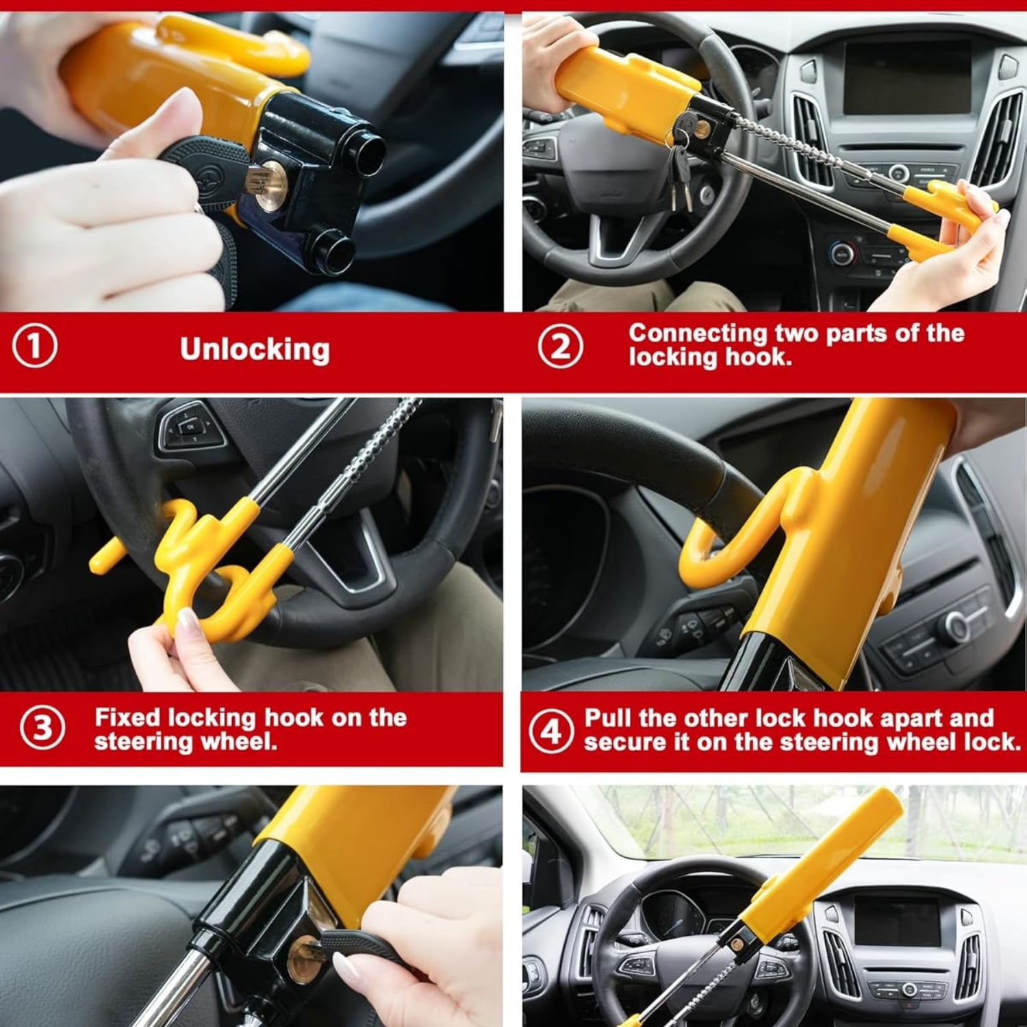 Steering Wheel Lock - Heavy Duty Antitheft Device and Car Security Lock with Adjustable Locking and 3 Keys - Great Vehicle and Truck Deterrent