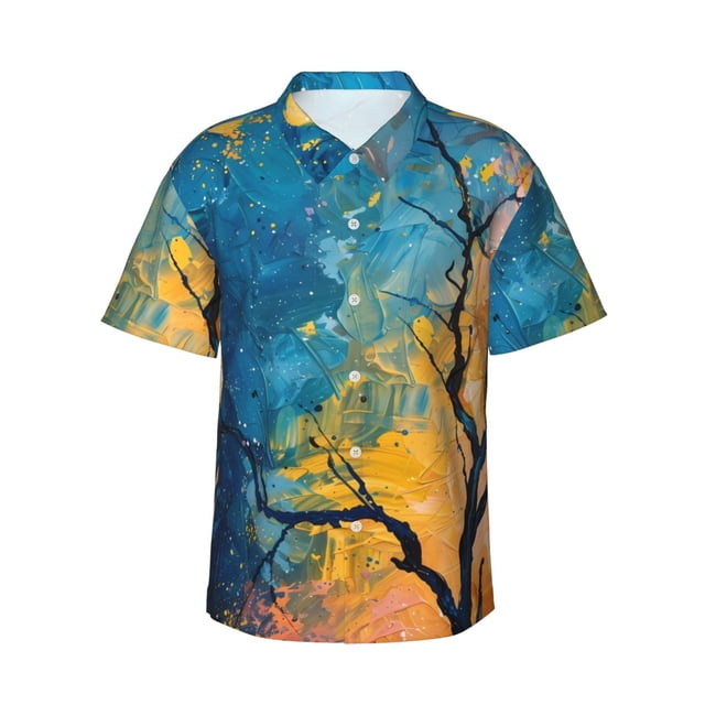 Balery Abstract Night Sky Tree Camisas hawaianas de manga corta para hombre, camisas playeras de corte holgado, camisas de vacaciones con botones,X-Large